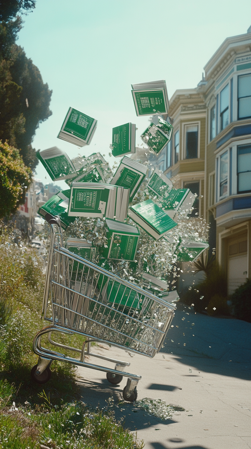 Shopping cart full of green books tumbling down hill.