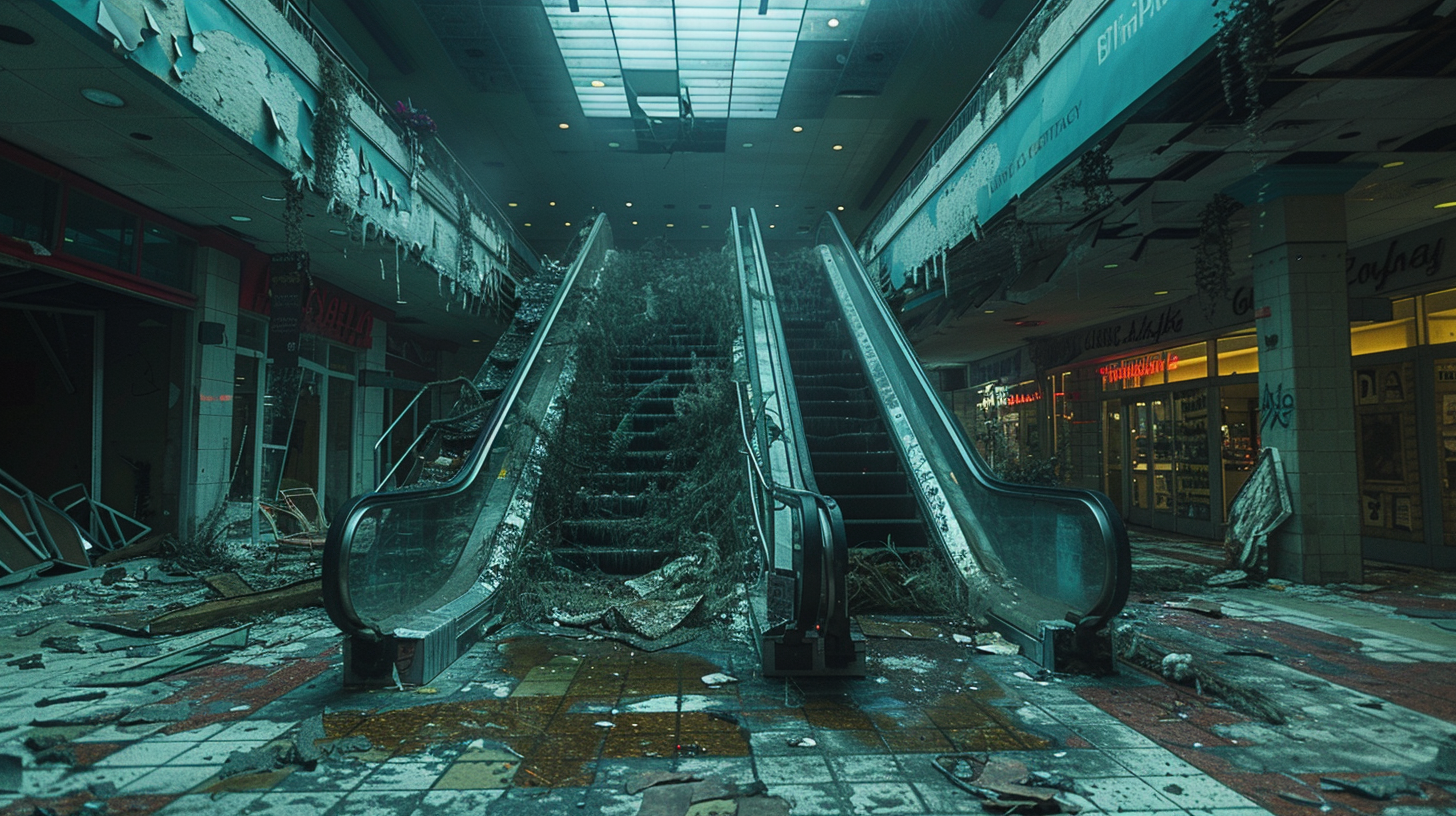 Shopping mall decaying, broken glass, empty storefronts, escalators frozen.