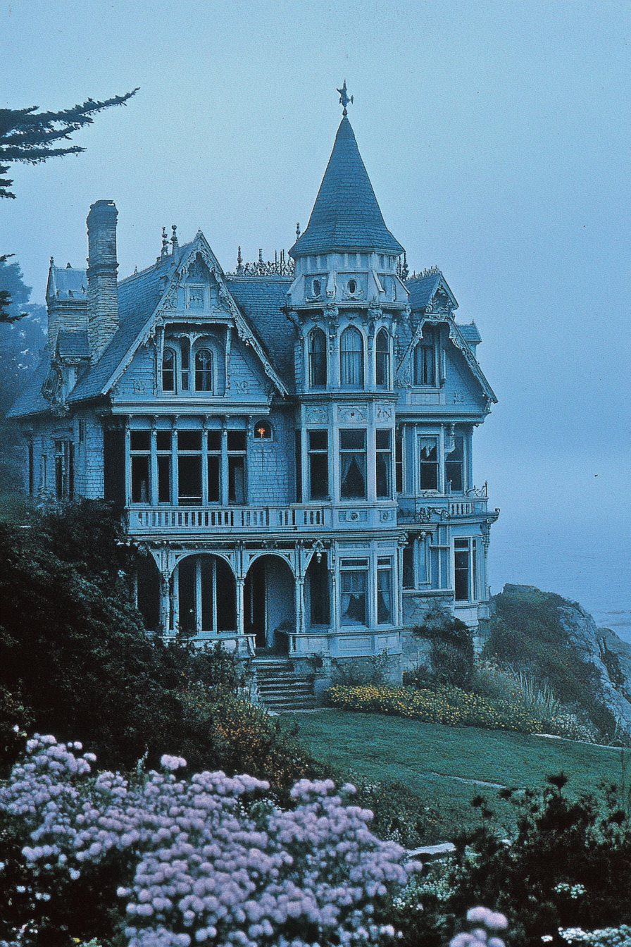 Shorecliff Manor Victorian house with blue shutters, tower, widow's walk.