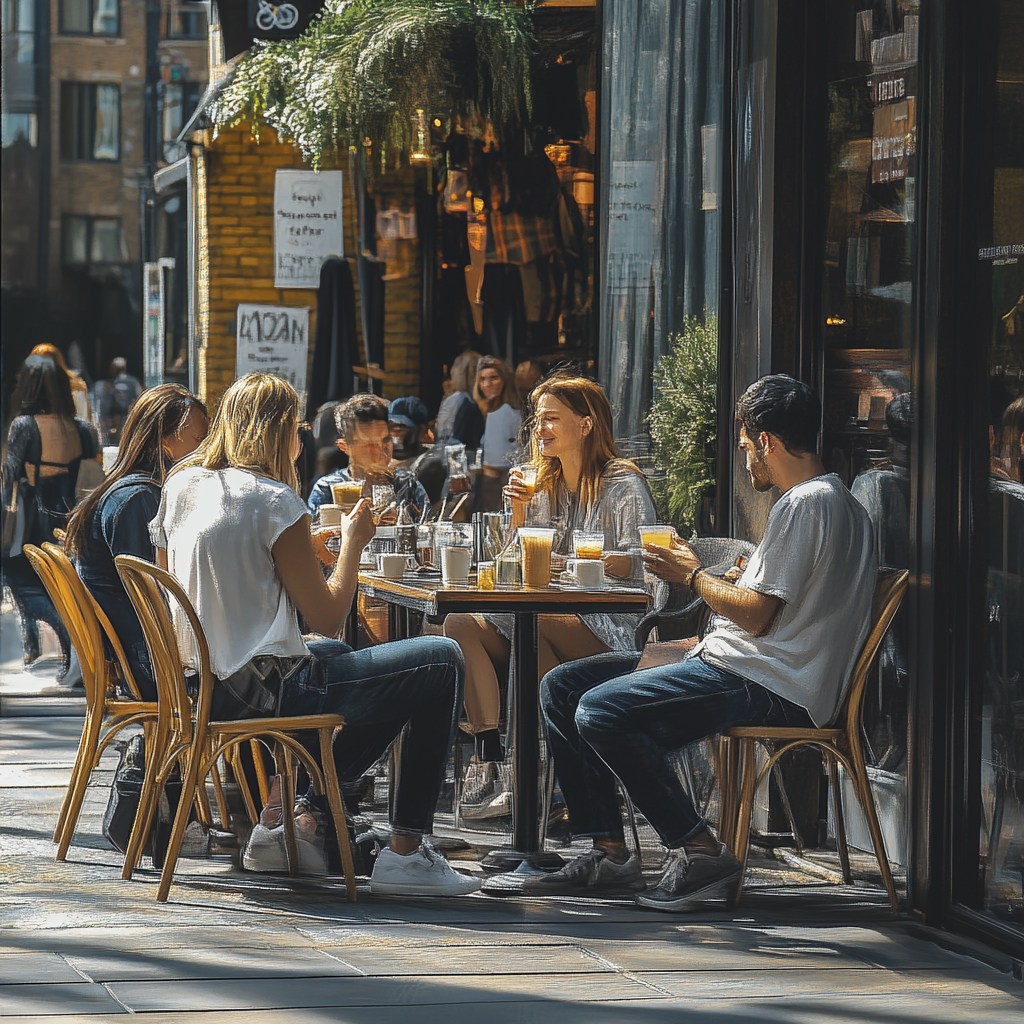 Shoreditch Summer Cafe Scene: People Chatting, Drinking Coffee