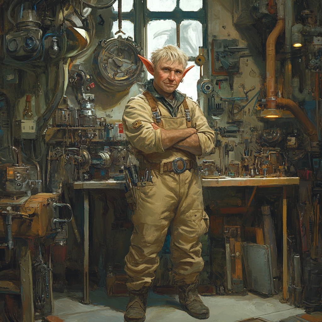 Short adult gnome in workshop with many gadgets.