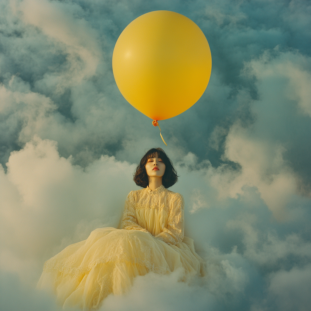 Short black hair Asian woman holding yellow balloon clouds.