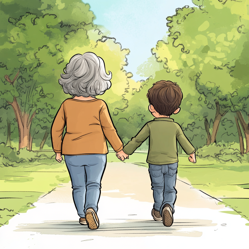 Short grandma and tall grandson holding hands in park.