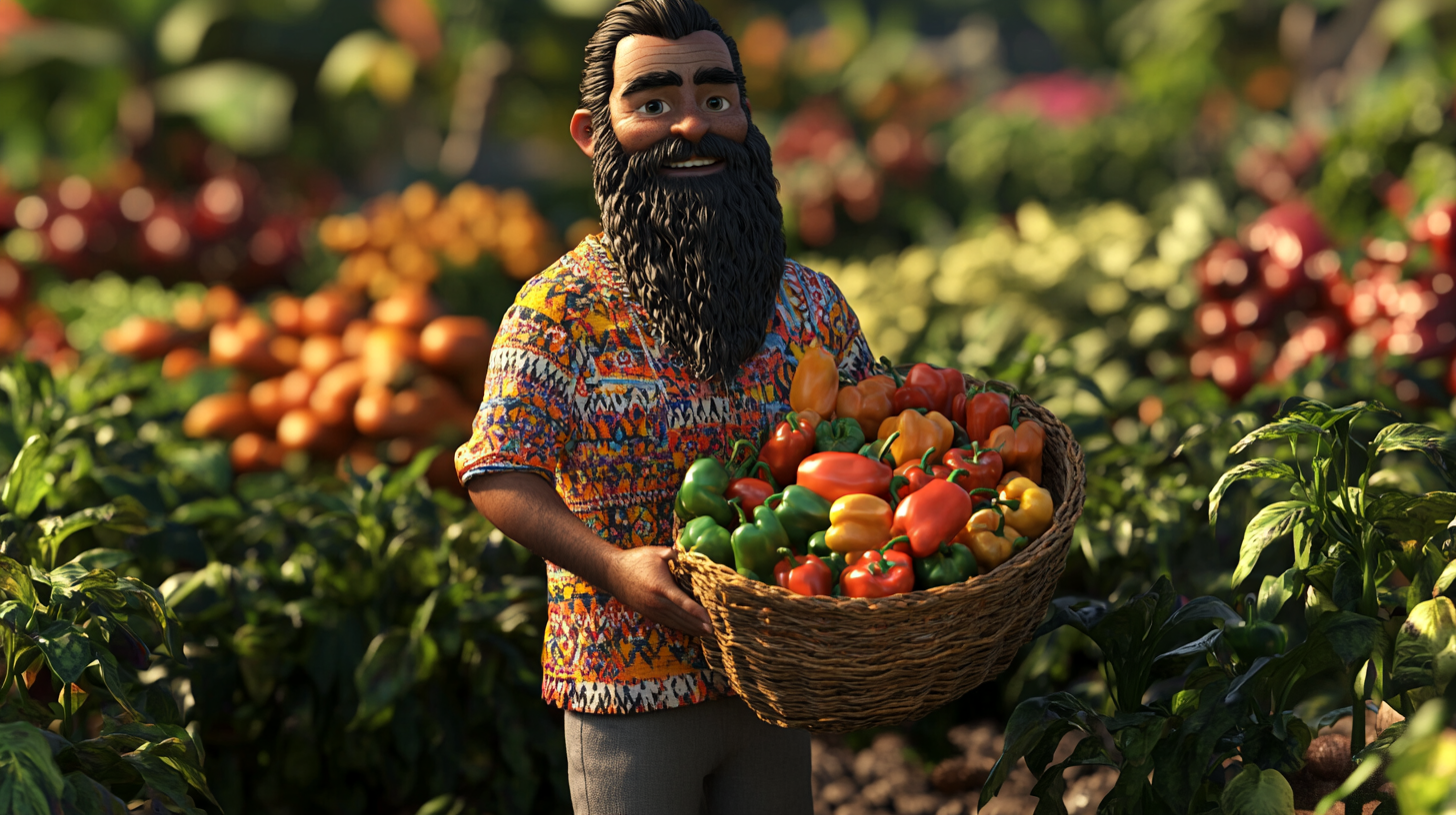 Short man in Mexican attire with peppers in garden.