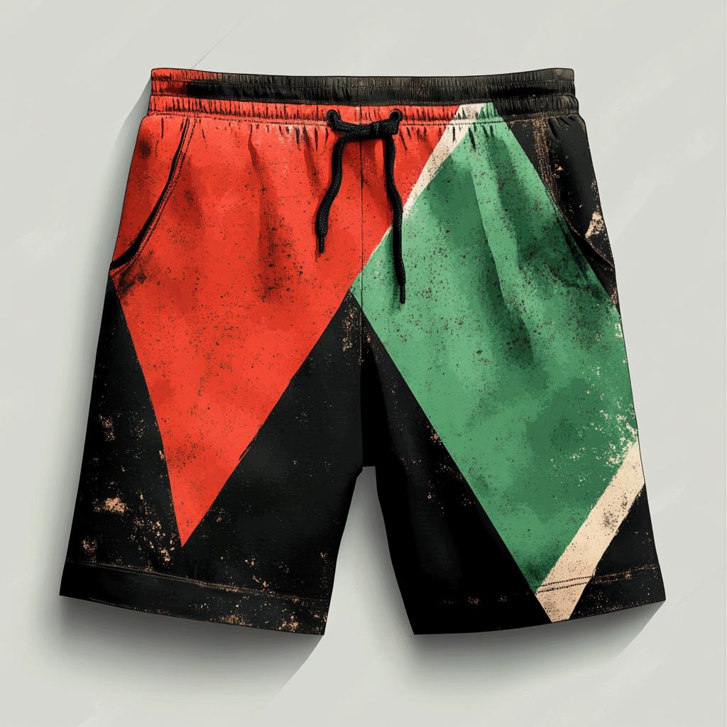 Shorts with flag design: red, green, black triangle.