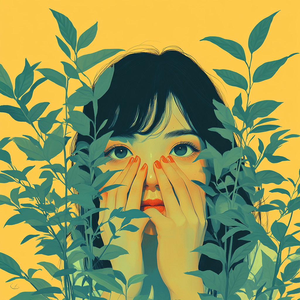 Shy woman hides behind plant, hands over face.