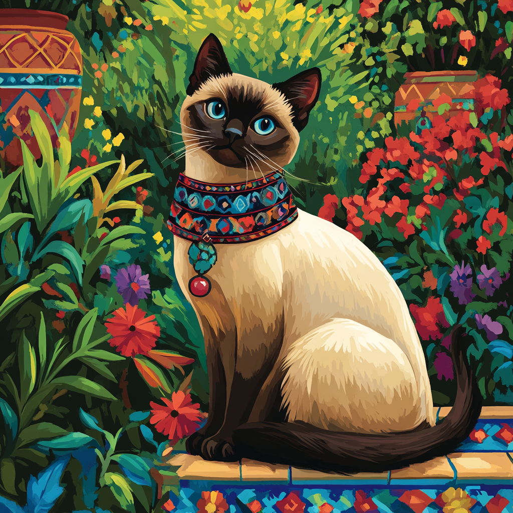 Siamese Cat With Moroccan Collar in Lush Garden