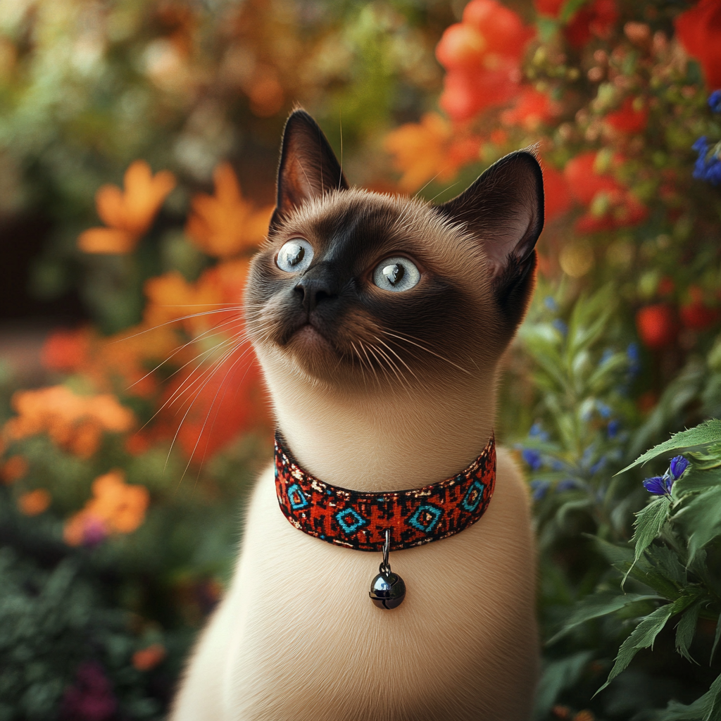 Siamese cat in Moroccan collar at garden retreat.