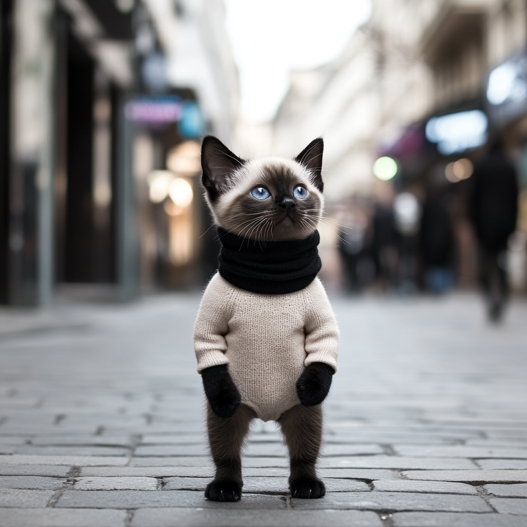 Siamese kitten in chic outfit on city street.