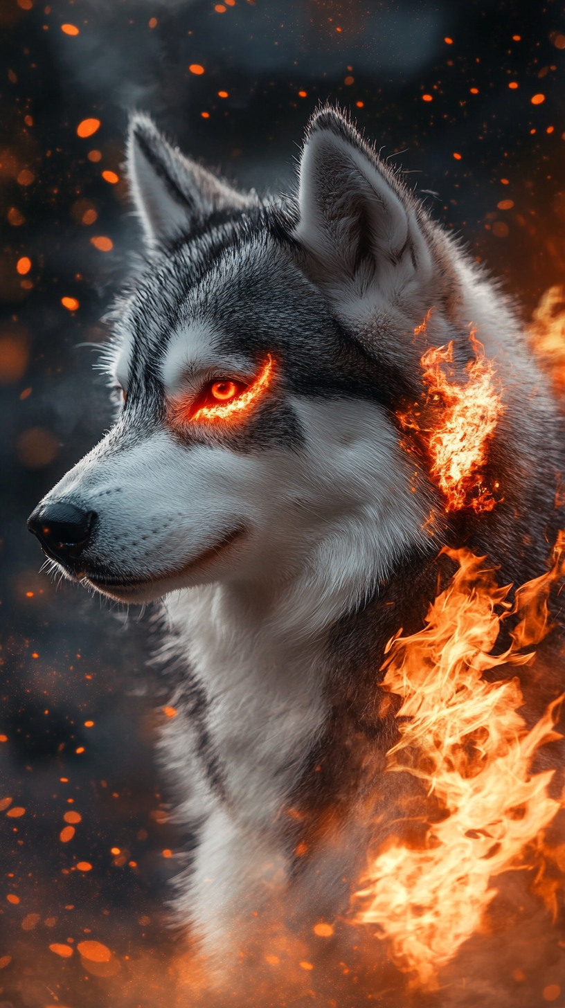 Siberian Husky with fire powers, silver white fur, fiery eyes.