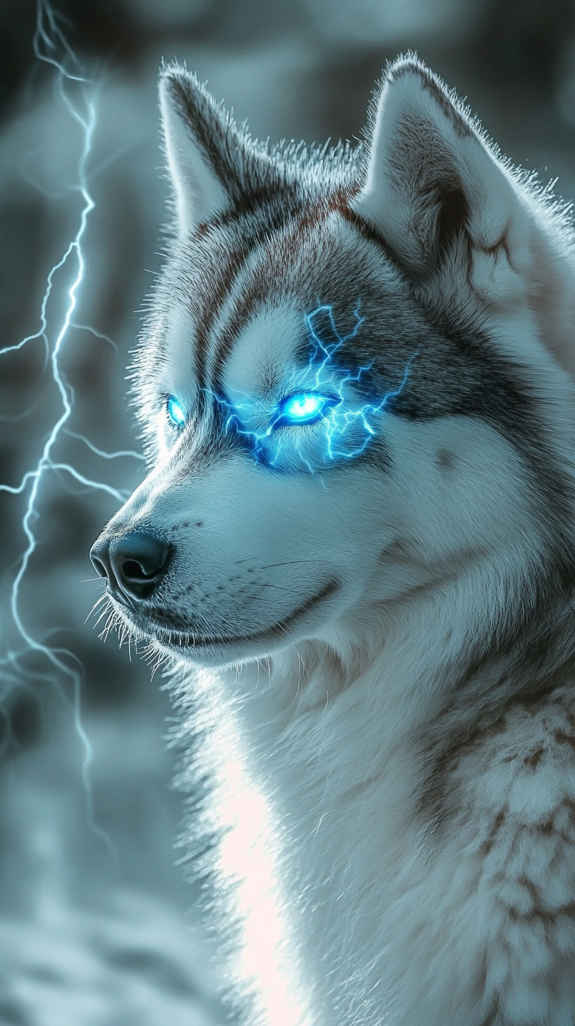 Siberian Husky with lightning powers, silver-white fur, blue eyes.