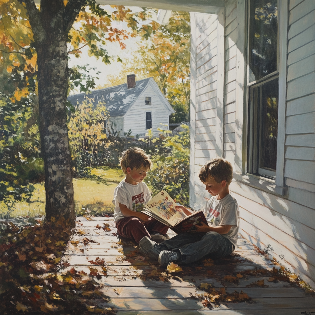 Siblings Reading Together on Front Porch