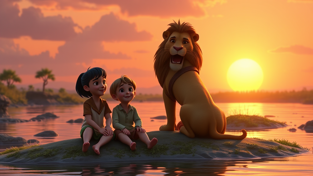 Siblings and Lion Enjoying Sunset on Riverbank