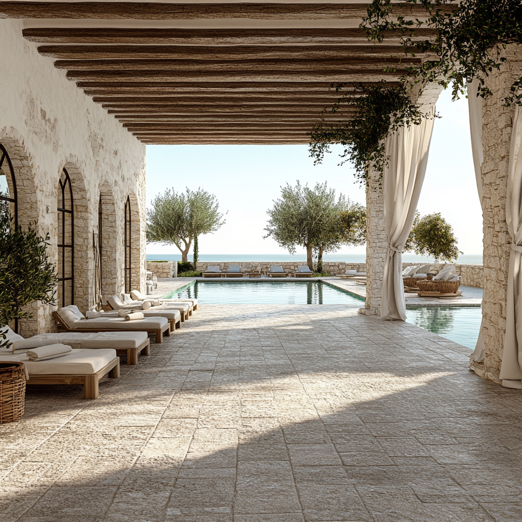 Sicilian masseria patio with swimming pool, olive trees, porch.