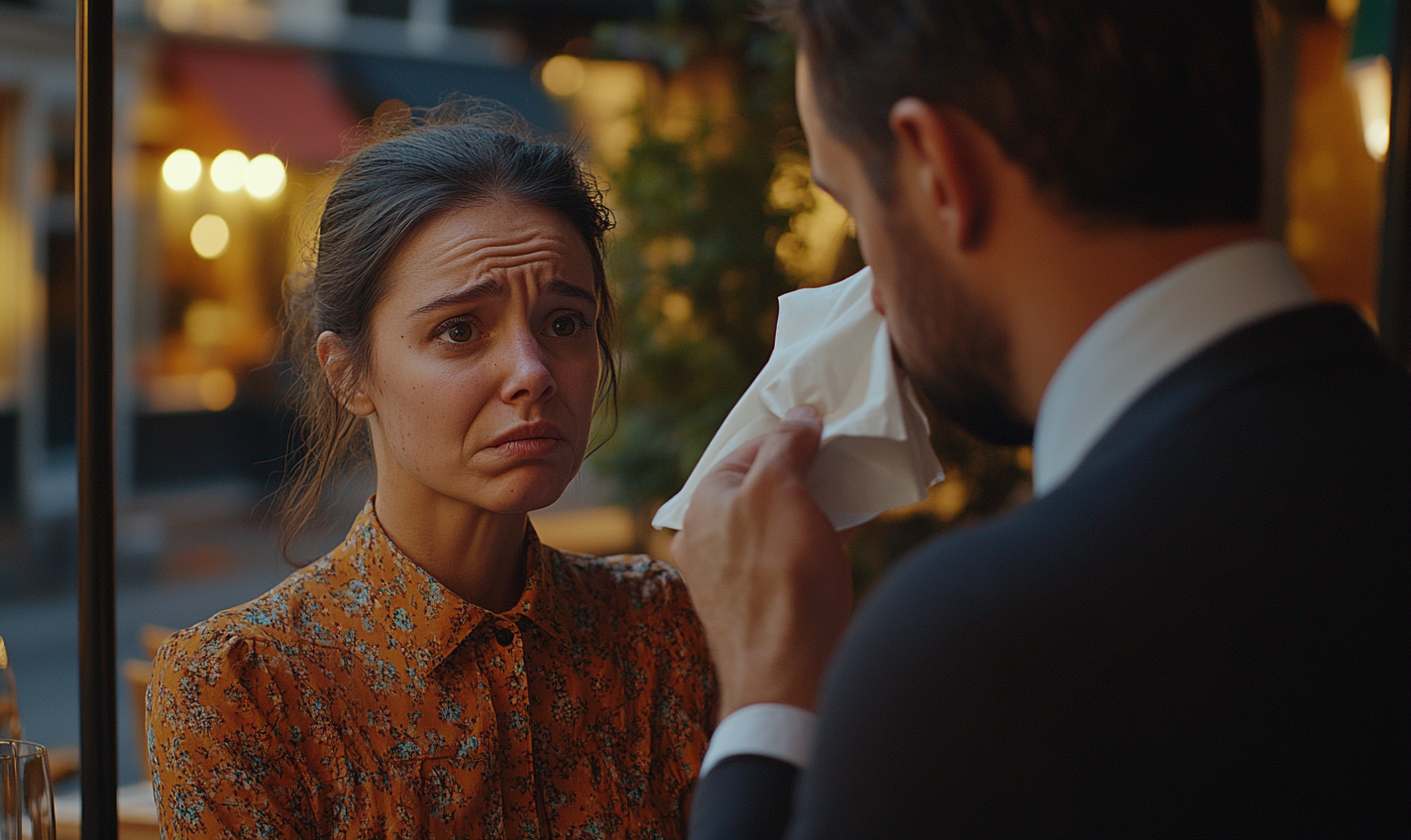 Sickly Woman Ejected from Restaurant, Manager Holding Napkin 