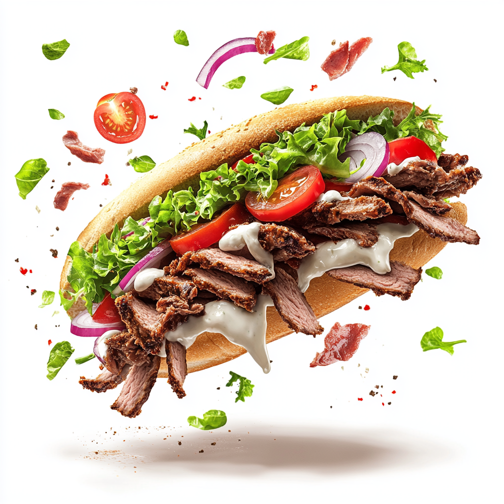 Side view doner kebab sandwich with flying ingredients art.