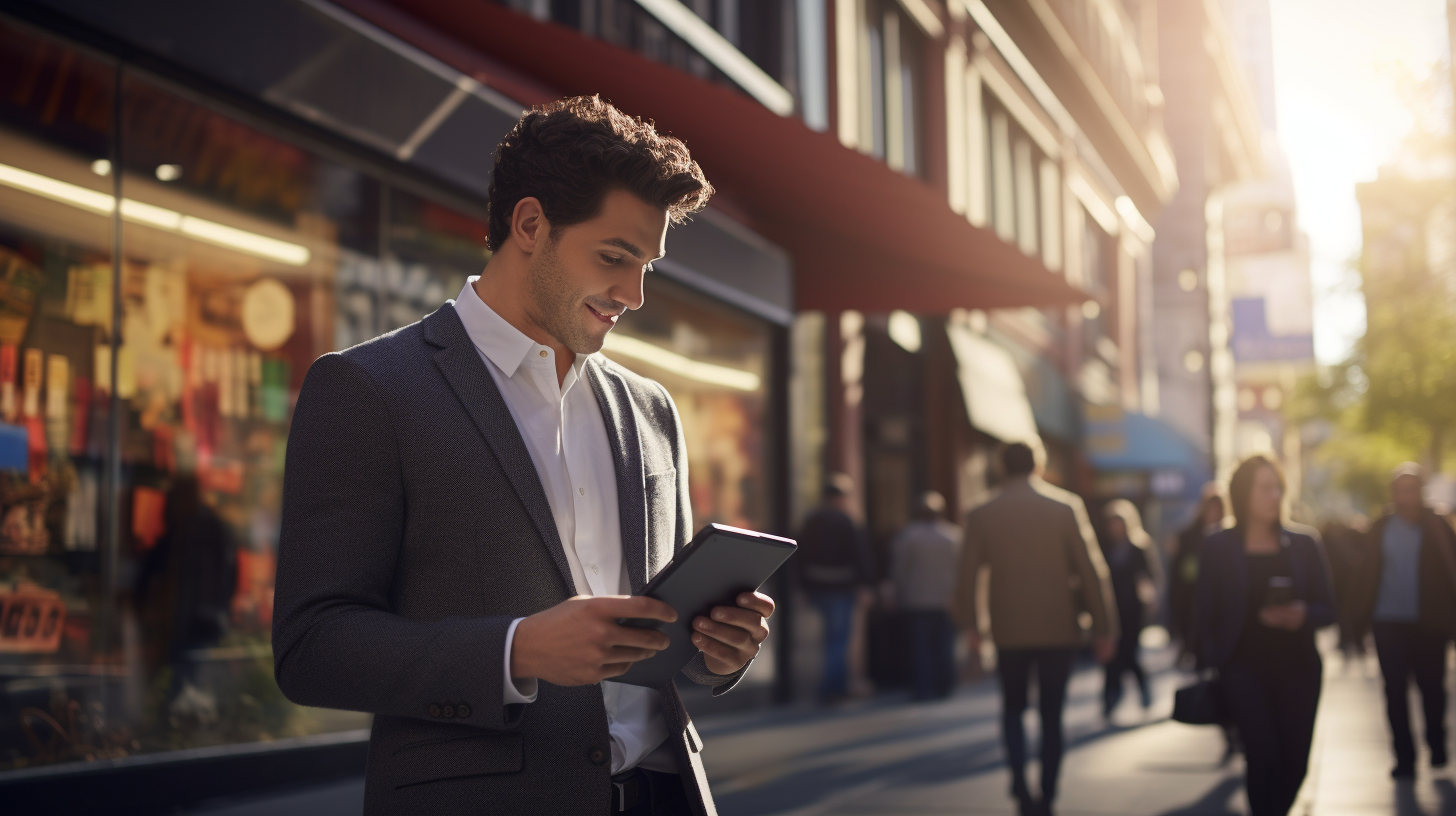 Suited man walking on busy street holding a digital tablet