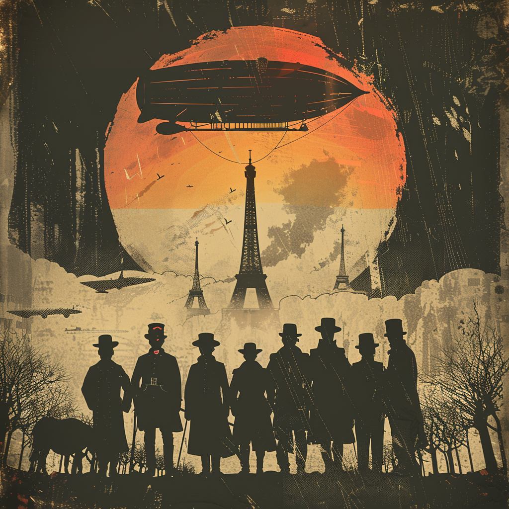 Silhouette Airship Over 1899 Paris in Cinematic Poster  