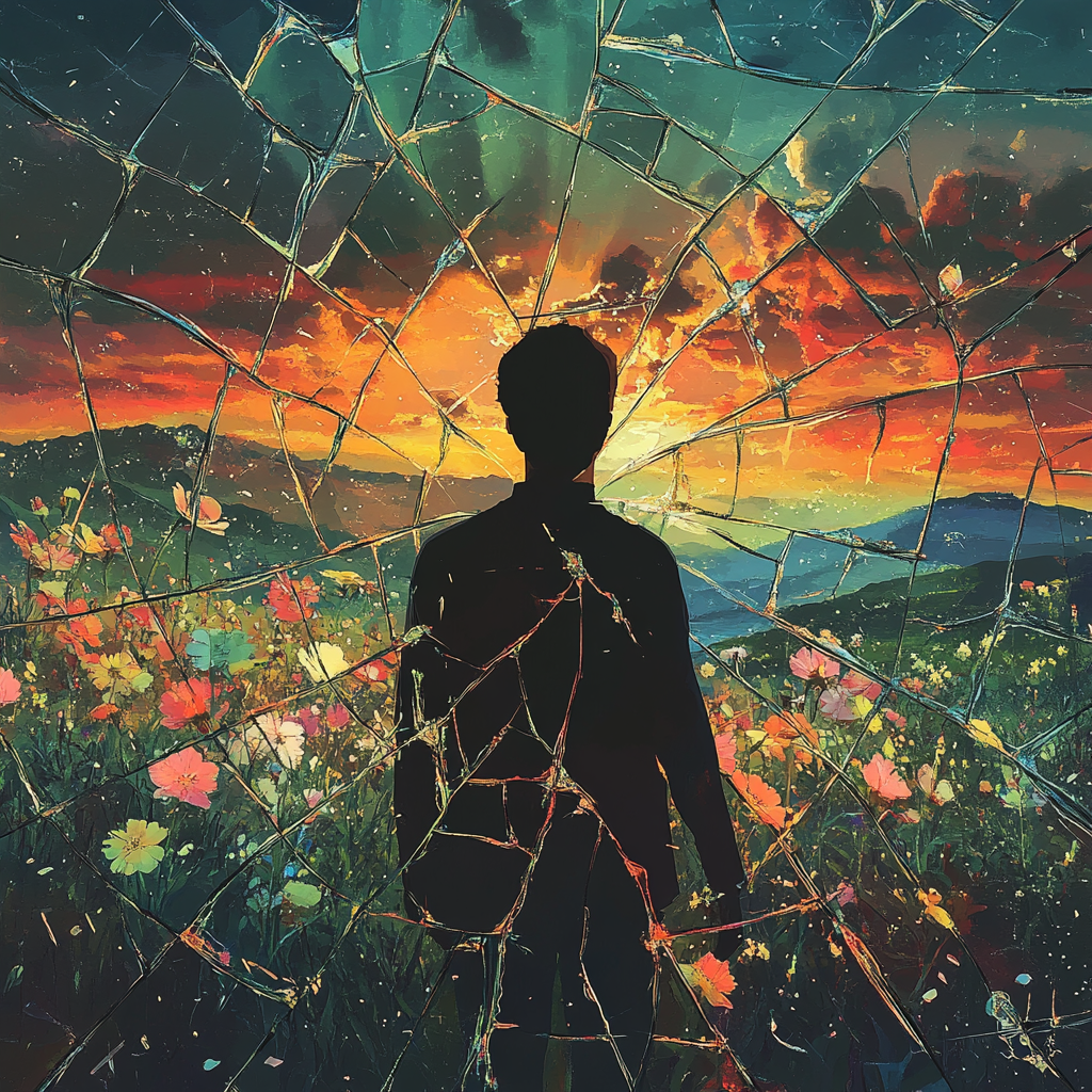 Silhouette looking at broken glass with flowers and rainbow landscape 