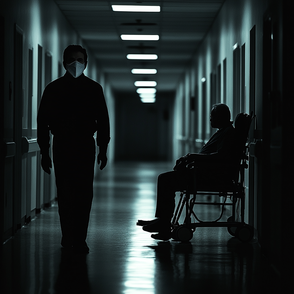 Silhouette man in mask next to man in chair.