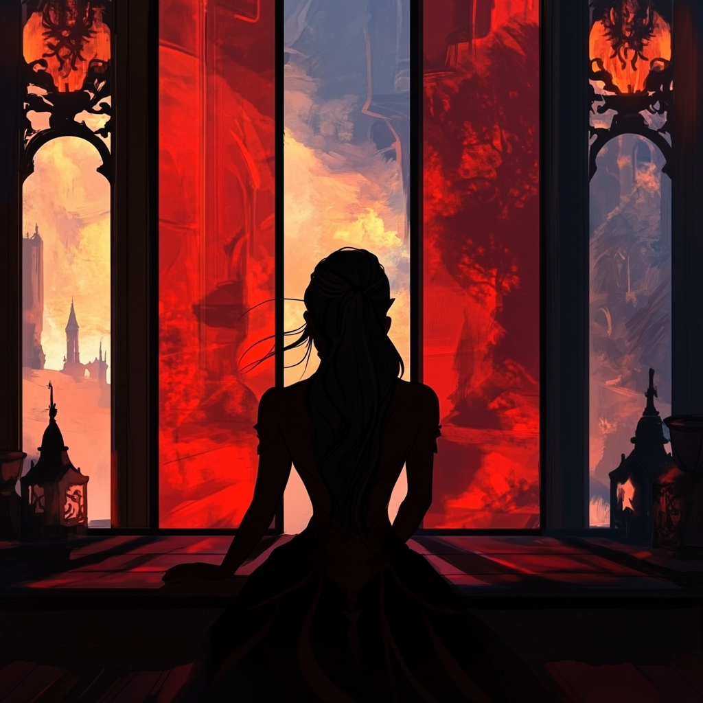 Silhouette of a fancy lady in a dungeon.