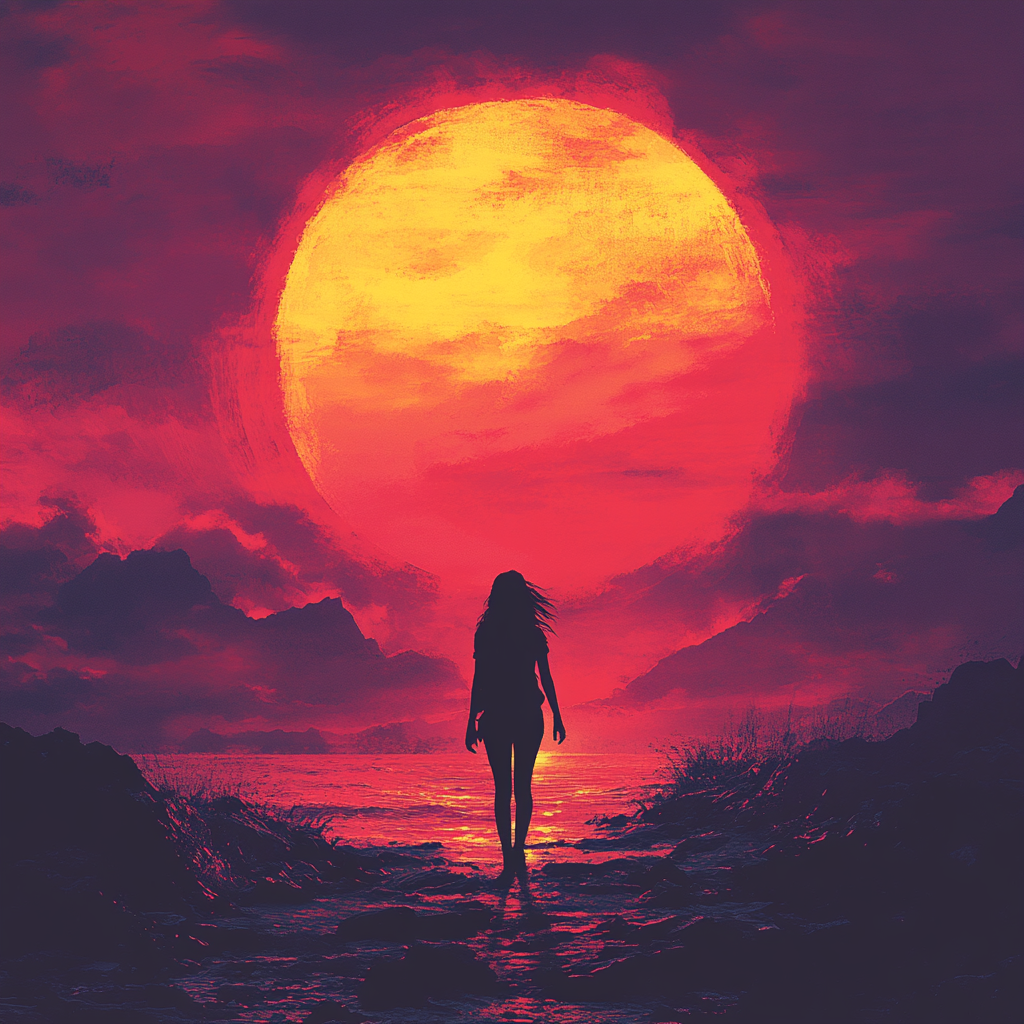 Silhouette of girl against vibrant sunset, shadowed body blended.