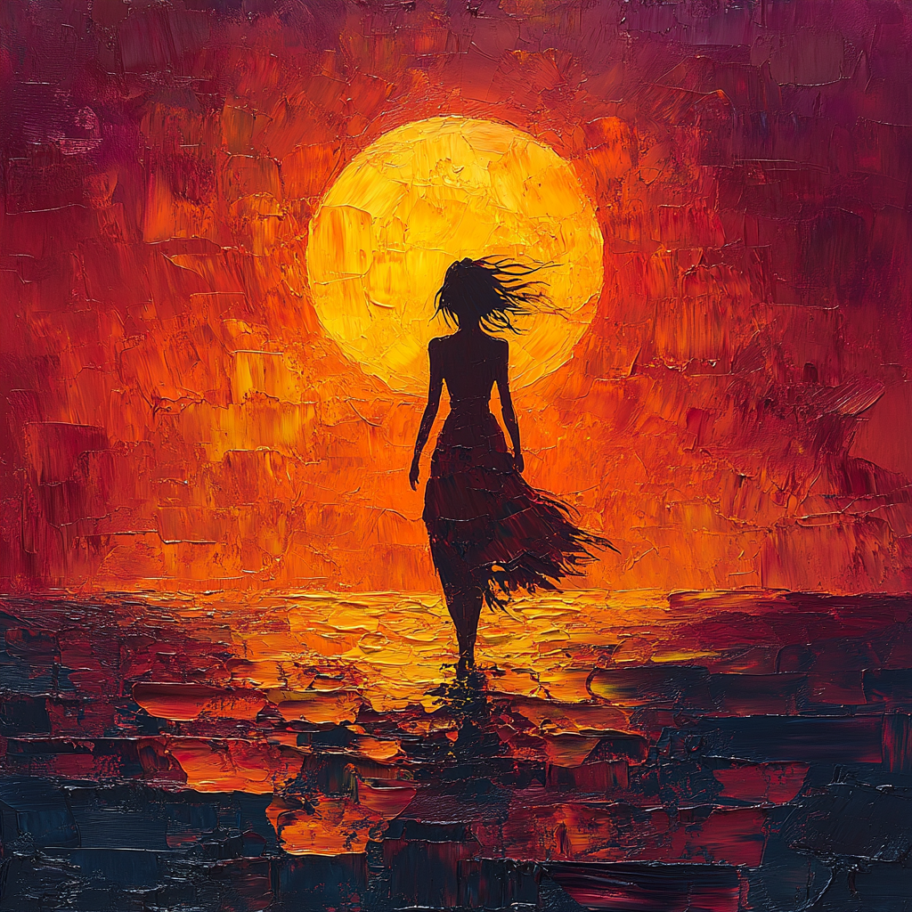 Silhouette of girl against vibrant sunset with thick brushstrokes.