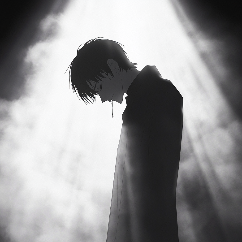 Silhouette of man in spotlight, tears streaming down eyes.