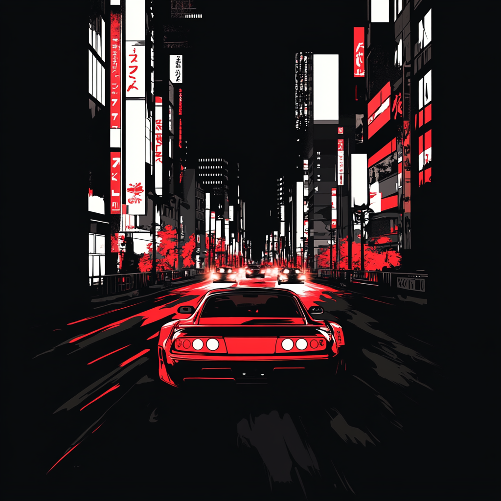 Silhouette of racing cars in Japan city street