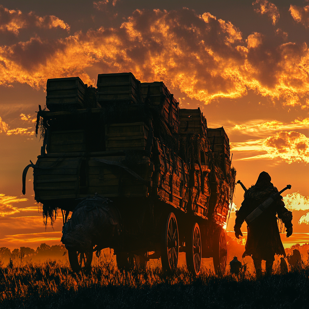 Silhouette of seven wagons, ogre with gnome, sunset.