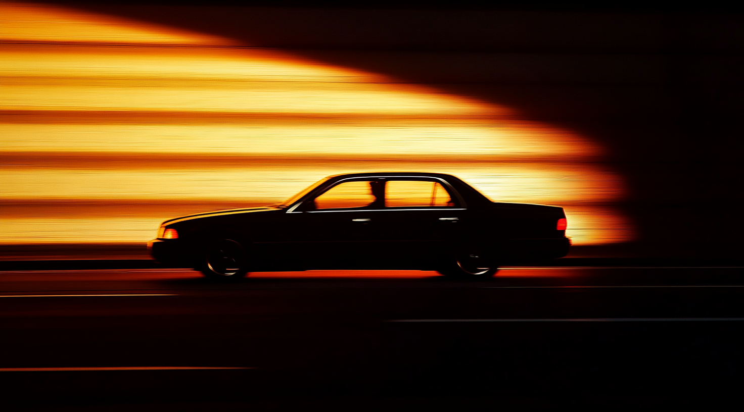 Silhouette of urban facade with car, human eye level.