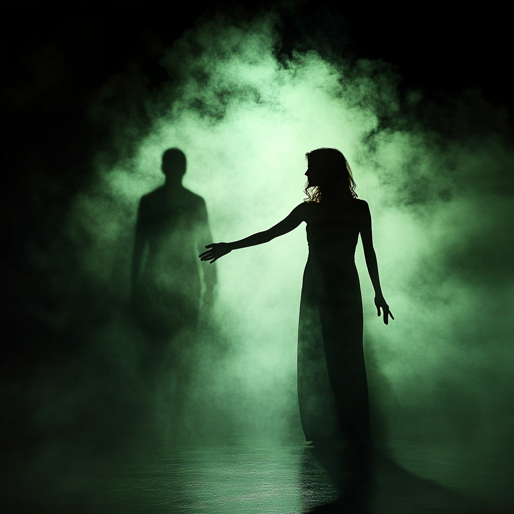 Silhouette of woman in spotlight reaching for loved one, green foggy background.