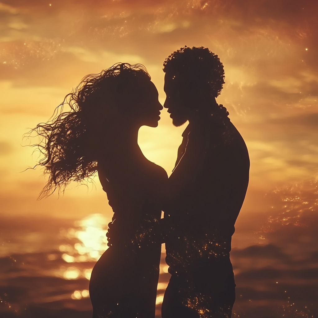 Silhouetted Couple Kissing on Beautiful Sunset Beach.