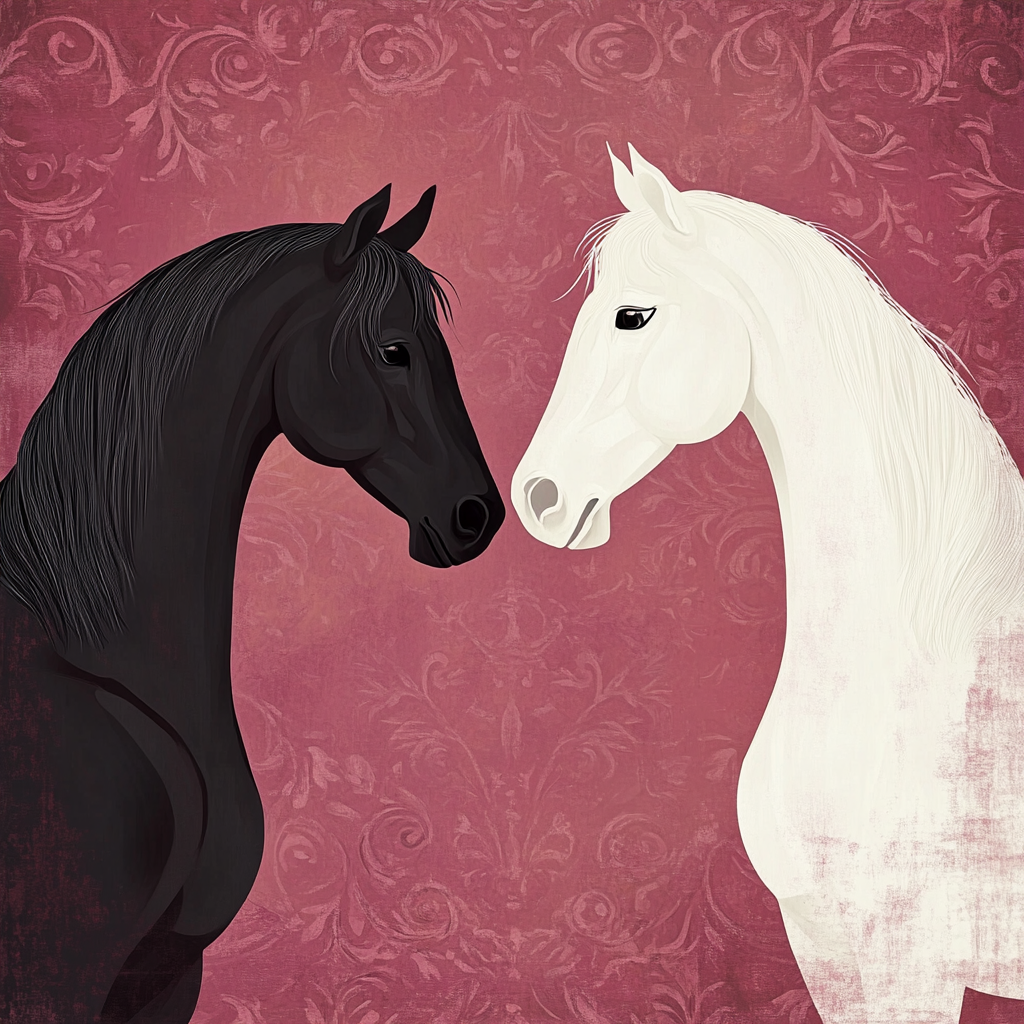 Silhouetted black and white horses on pink background poster.