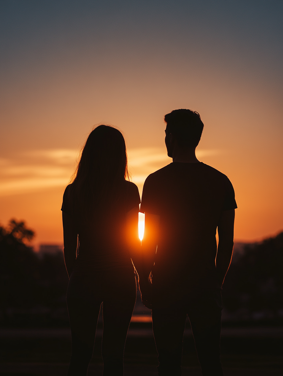 Silhouetted couple at sunset, facing away from camera.