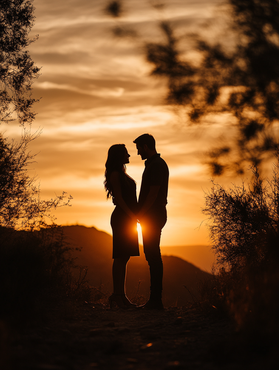 Silhouetted couple facing sunset, realistic portrait shot with Nikon.