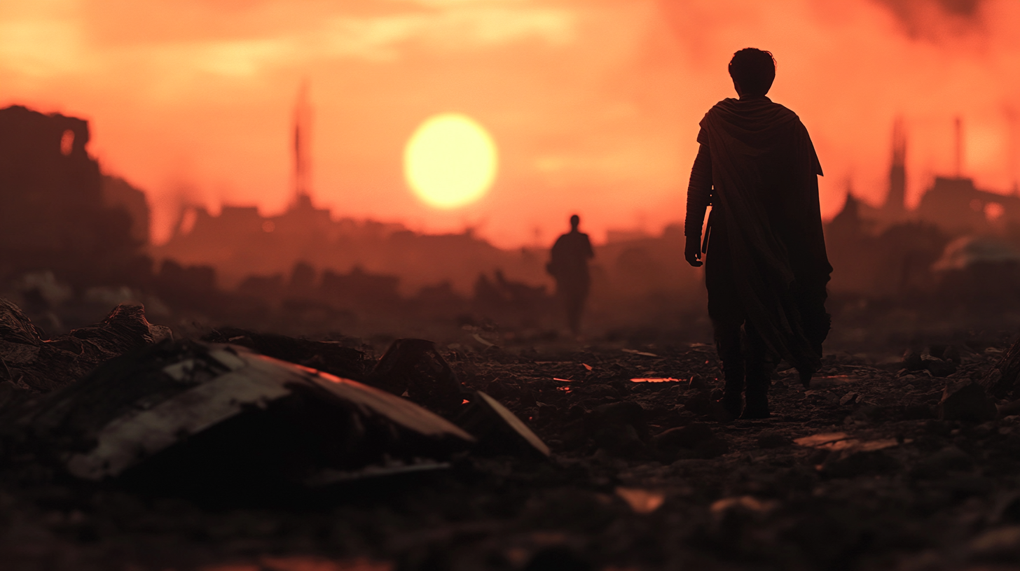 Silhouetted young jedi walks away from blurred droid wreckage.