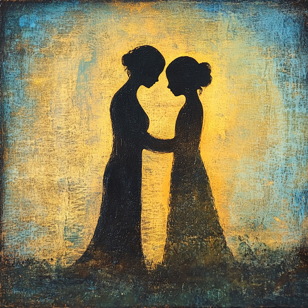 Silhouettes depict gentle act of healing and comfort.