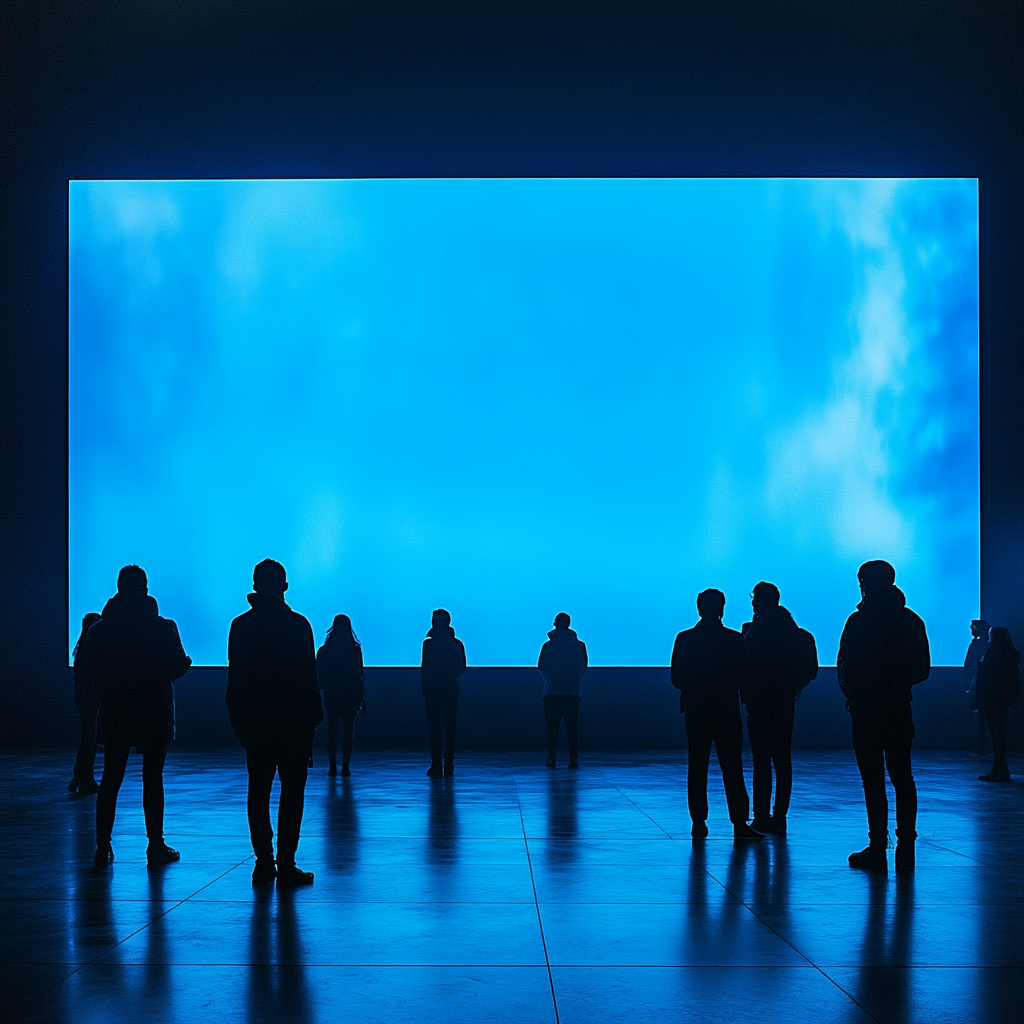 Silhouettes of People in Bright Exhibition Atmosphere