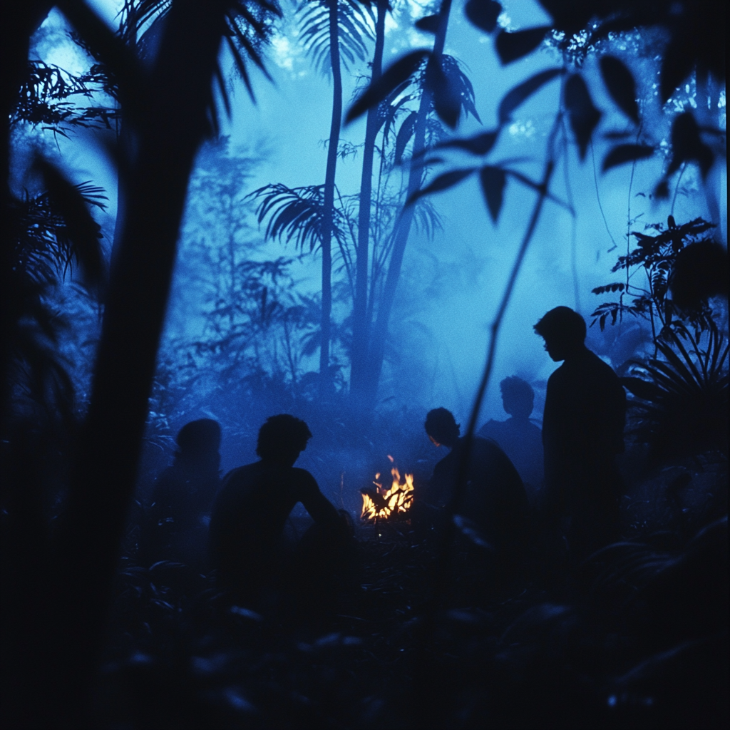 Silhouettes of people around fire in Amazon forest