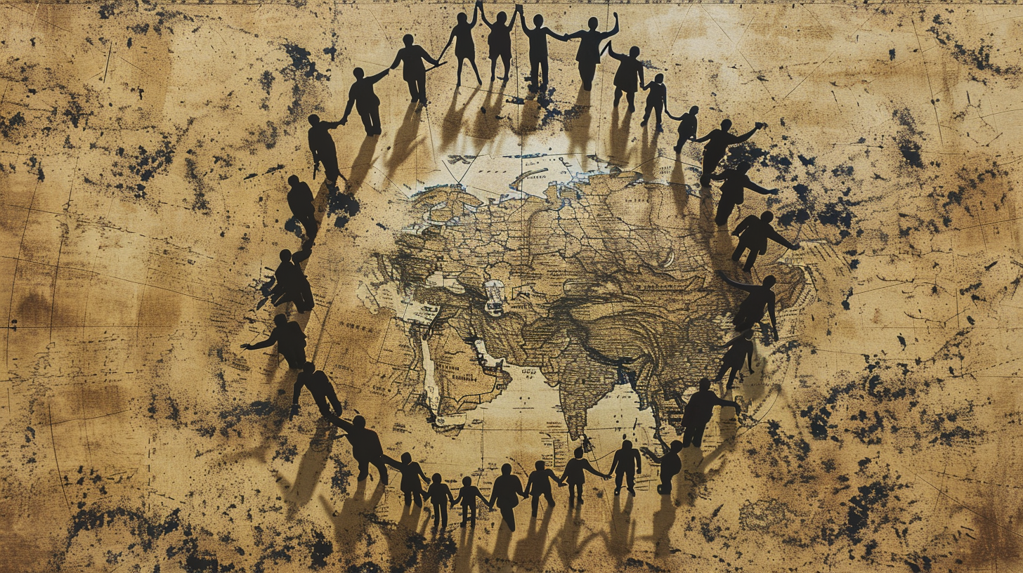 Silhouettes of people holding hands around Korean peninsula map.