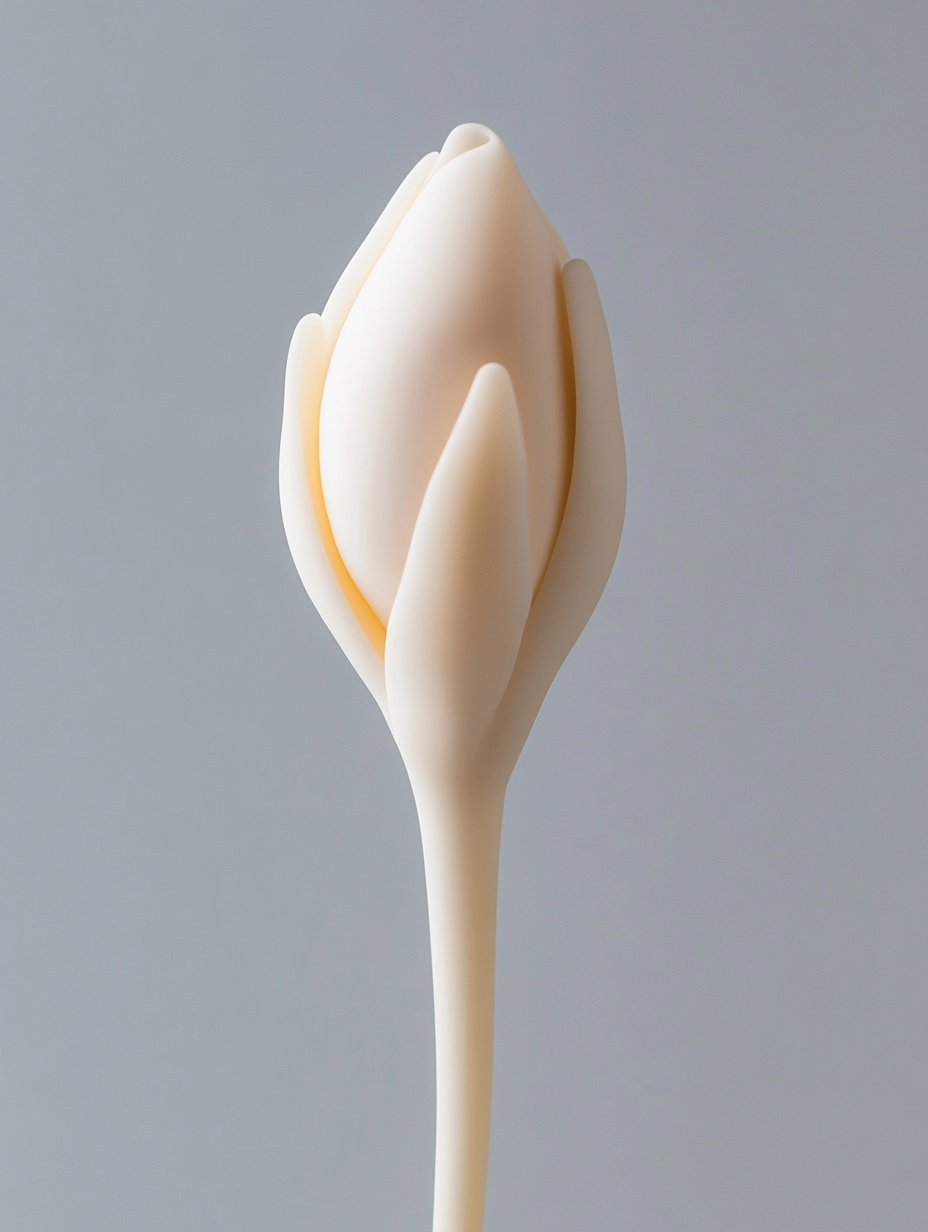 Silicone flower bud with elongated stem, soft pastel colors.