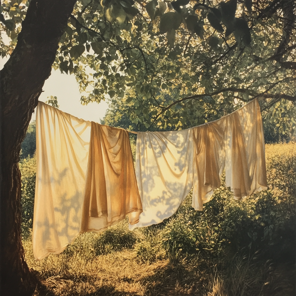 Silk sheets drying on line in sunny meadow