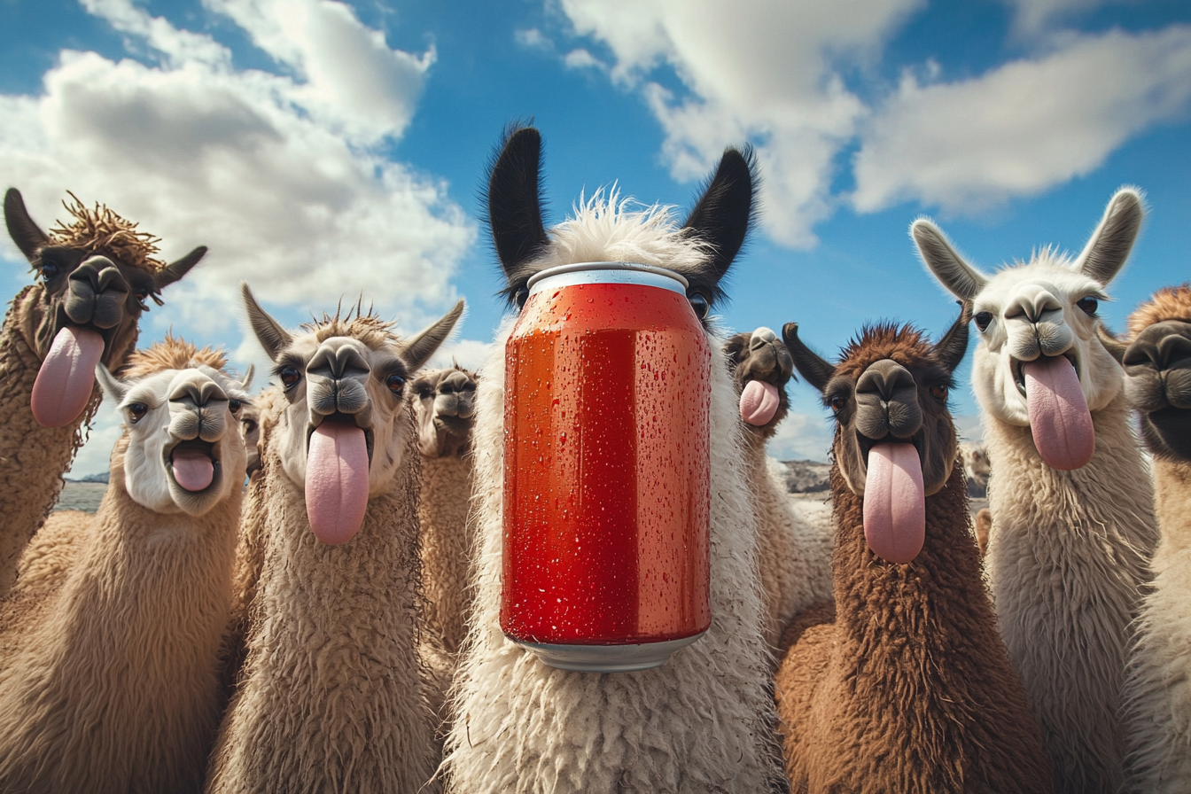 Silly llamas gather around giant beer can.