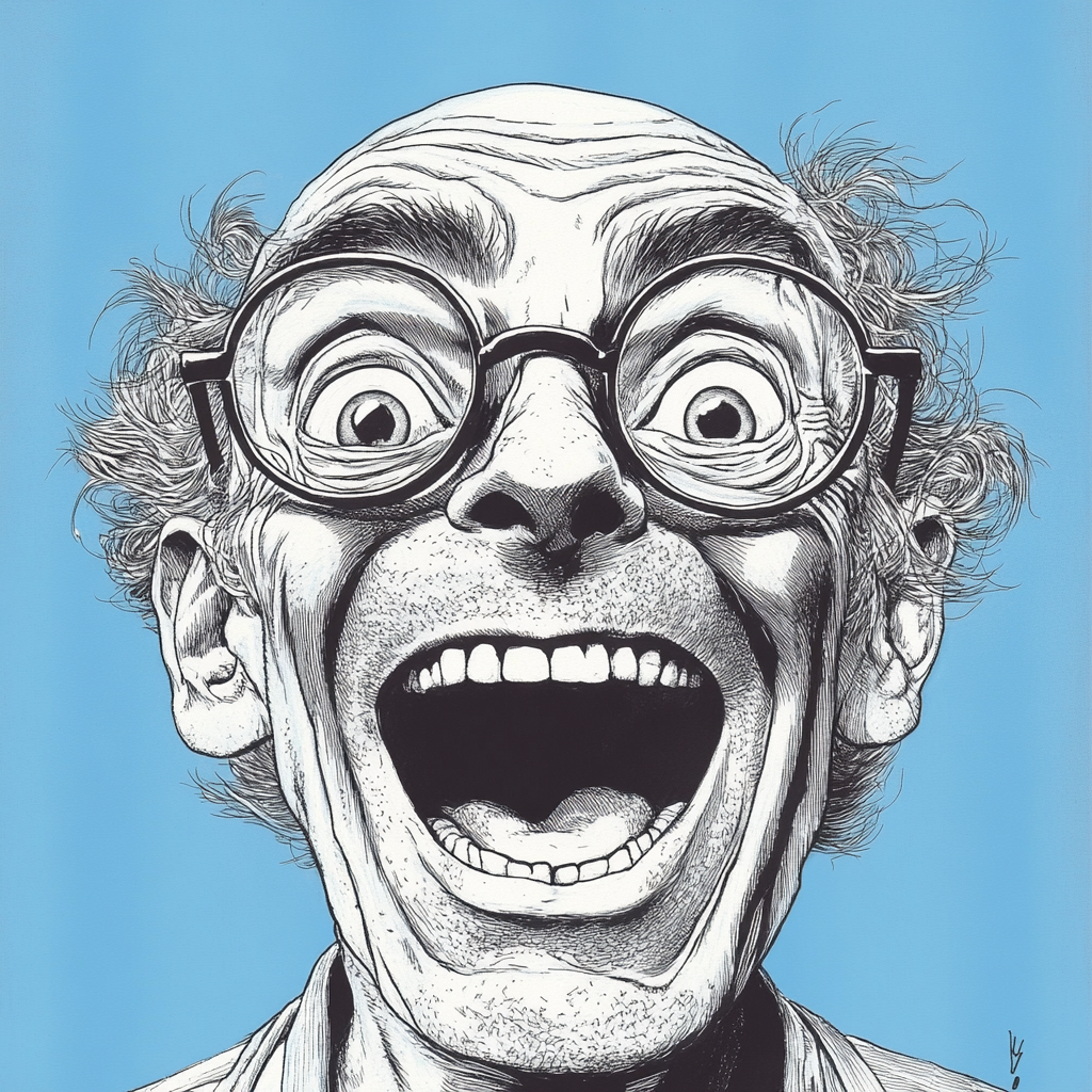 Silly man with glasses, laughing loudly, classic comic style.