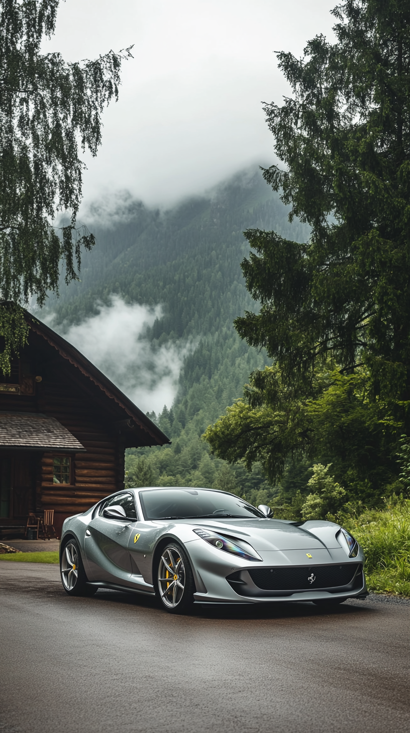 Silver Ferrari 812 Superfast near foggy mountain cabin.