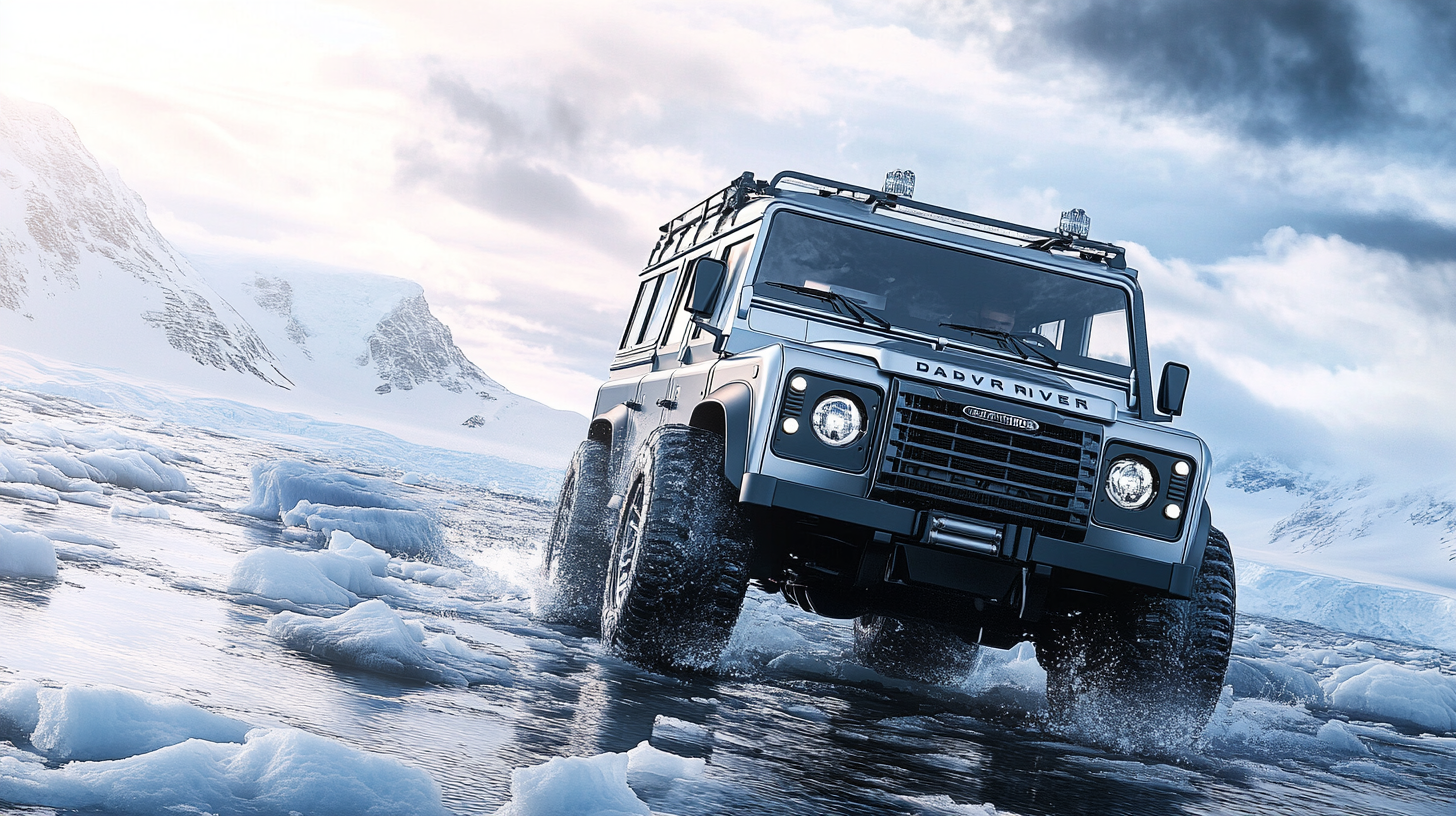 Silver Land Rover Defender on Antarctic icefield, angled shot.