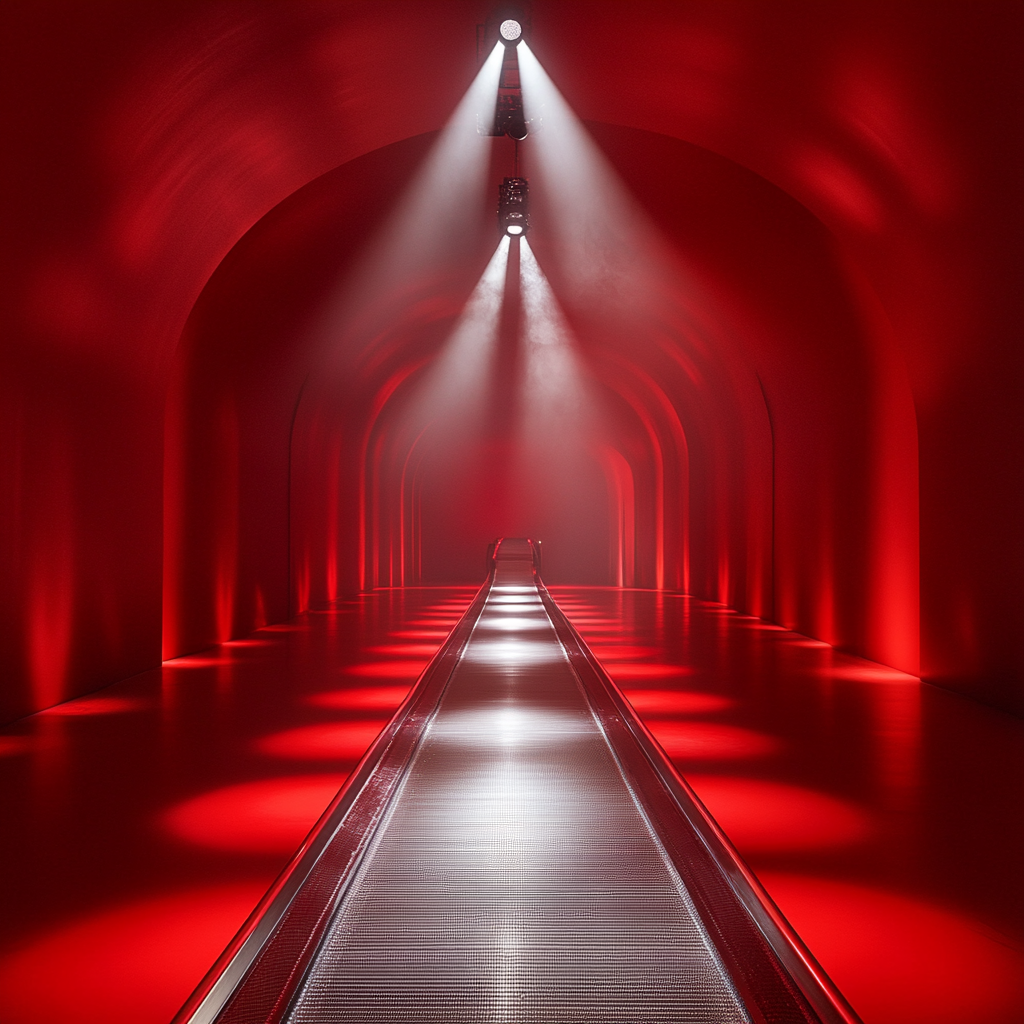 Silver conveyor belt in luxurious red room with spotlights