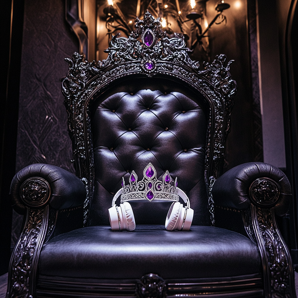 Silver crown with crystals, white headphones on throne.