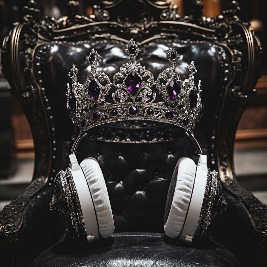 Silver crown with crystals on black and white throne.